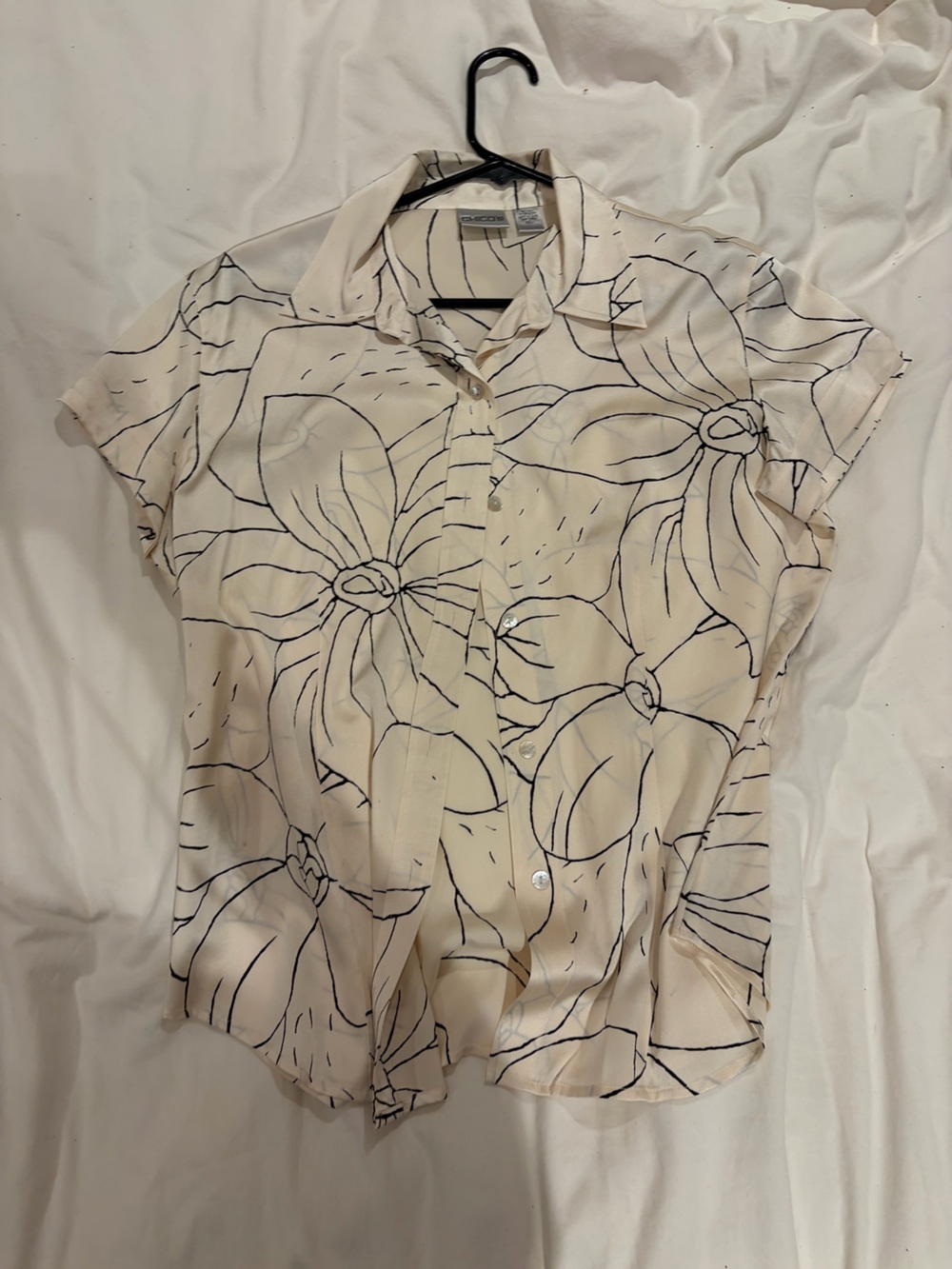 Chico's Cream Button-Down Floral Shirt with Navy Line Art